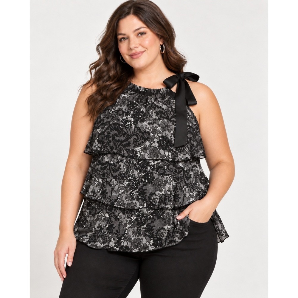 Lane Bryant Black White Lace Print Tiered Halter Top Bow Neck Sz 16
